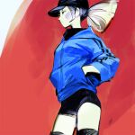  1girl baseball_cap cowboy_shot half-closed_eyes hands_in_pockets hat hood hood_down iwamoto_zerogo original profile red_background short_shorts shorts sketch solo thighhighs updo 