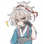  ! 1boy black_gloves black_shirt blue_shirt blush chinese_clothes gloves grey_hair hair_ribbon half_updo highres honkai:_star_rail honkai_(series) jing_yuan male_child male_focus parted_lips ponytail red_ribbon ribbon shirt short_sleeves sketch snowdon solo suspenders white_background 