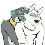  adastra adastra_(series) alexios_(adastra) anthro canid canine canis cassius_(adastra) chin_piercing collar domestic_cat duo ear_piercing ear_ring echo_project embrace felid feline felis fur green_body green_eyes green_fur grey_body grey_fur hi_res hug humanoid jewelry male male/male mammal piercing ring_piercing slime_vibe waist_up white_body white_fur wolf 
