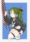  1girl absurdres alternate_costume alternate_hairstyle black_sailor_collar black_serafuku black_skirt boots checkered_flag commission crescent crescent_hair_ornament crop_top flag green_eyes green_hair grey_hair hair_ornament highres holding holding_flag kantai_collection kosame_(iso) long_hair long_sleeves looking_at_viewer nagatsuki_(kancolle) neckerchief on_one_knee parted_lips ponytail sailor_collar school_uniform serafuku signature simple_background skeb_commission skirt solo sweat thigh_boots white_neckerchief 