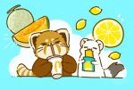  2023 ailurid biped black_nose brown_body chibi drinking duo eating eyes_closed feral food fruit hi_res lemon mammal melon mustelid musteline plant red_panda shi_nominmin stoat true_musteline weasel white_body 