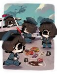  4girls aircraft black_eyes black_hair black_necktie burger camera car cloud colored_skin commentary crime_scene cup cyclops disposable_cup drinking_straw english_commentary food hat helicopter highres holding holding_camera holding_tablet_pc lettuce motor_vehicle multiple_girls necktie one-eyed onion original pickle police police_car police_hat police_uniform policewoman pouch spill tablet_pc tomato traffic_baton uniform walkie-talkie white_skin zombiemiso 