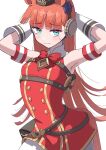  1girl alternate_costume animal_ears arms_up belt belt_bag blue_eyes breasts closed_mouth commentary_request cosplay gloves gold_ship_(umamusume) gold_ship_(umamusume)_(cosplay) hat headphones highres horse_ears horse_tail itosu200 long_hair looking_at_viewer orange_hair ribbon silence_suzuka_(umamusume) simple_background small_breasts solo sweat tail umamusume white_background 