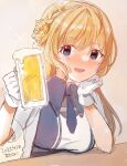  alcohol artist_name beer beer_mug blue_eyes blue_necktie braid braided_bun breasts brown_hair cup dated double_bun gloves hair_bun hand_on_own_face highres kantai_collection kirisawa_juuzou light_brown_hair long_hair medium_breasts mug necktie ranger_(kancolle) side_braids two-tone_dress upper_body white_gloves 