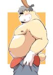  1boy :q animal_ears archer_(archery045) ass bara big_belly bulge bulge_lift dressing facial_hair fat fat_man feet_out_of_frame from_side furry furry_male goatee highres i&#039;ve_never_seen_a_guy_recreate_this_successfully_tbh_(meme) male_focus male_underwear meme muscular muscular_male nipples open_pants original pants pants_lift pectorals rabbit_boy rabbit_ears red_male_underwear short_hair sideburns solo stomach thick_eyebrows tongue tongue_out topless_male undersized_clothes underwear yellow_fur 