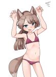  1girl absurdres animal_ears bra brown_hair fang feet_out_of_frame flat_chest fox_ears fox_tail grey_eyes highres kantai_collection kazagumo_(kancolle) long_hair maru_(marg0613) panties paw_pose ponytail purple_bra purple_panties simple_background solo tail underwear underwear_only white_background 