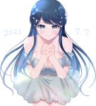  1girl bare_shoulders blue_hair blush breasts cleavage closed_mouth collarbone danganronpa:_trigger_happy_havoc danganronpa_(series) dated dress grey_eyes hair_ornament interlocked_fingers keroro7 large_breasts long_hair maizono_sayaka own_hands_clasped own_hands_together shiny_skin short_sleeves simple_background sitting solo star_(symbol) star_hair_ornament white_background white_dress 