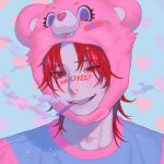  1boy animal_hat bandaid bandaid_on_neck bear_hat blue_background blue_shirt cigarette english_text facepaint gyuing666 hat heart heart_background highres male_focus medium_hair original pink_shirt red_eyes red_hair shirt smile smoking solo teeth two-tone_shirt 