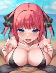  1boy 1girl :d beach bikini black_bikini blue_eyes blue_sky blush breasts breasts_squeezed_together cleavage commentary_request day go-toubun_no_hanayome hands_up hetero highres lank_(lankdesu) large_breasts male_swimwear motion_lines nakano_nino ocean open_mouth pink_hair pov pov_crotch raised_eyebrows sky smile swimsuit 