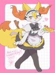  1girl animal_ear_fluff animal_ears animal_feet animal_hands animal_nose apron artist_name back_bow black_bow black_bowtie black_dress black_fur body_fur border bow bowtie braixen buttons closed_mouth clothed_pokemon commentary dated dress english_text feet flat_chest food fox_ears fox_girl fox_tail frilled_apron frilled_hairband frills full_body furry furry_female hairband hand_up happy happy_birthday heart highres holding holding_food holding_plate legs looking_at_viewer maid mixed-language_text multicolored_fur neck_fur outline outside_border pink_border pink_outline plate po!_(popoemo) pokemon pokemon_(creature) red_eyes short_dress signature sleeveless sleeveless_dress smile solo standing stick symbol-only_commentary tail tempura translation_request waist_apron white_apron white_background white_fur yellow_fur 