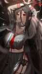  1girl arm_up black_choker black_garter_belt black_garter_straps black_hair black_shirt black_skirt black_wings blue_archive blush breasts choker cleavage commentary garter_belt garter_straps hasumi_(blue_archive) highres large_breasts long_hair looking_at_viewer low_wings mole mole_under_mouth red_eyes shirt skirt solo toey wings 