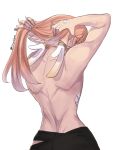  1girl arms_up bite_mark commentary czasjb from_behind genshin_impact highres long_hair no_headwear pink_hair simple_background solo topless upper_body white_background yanfei_(genshin_impact) 
