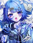  1girl @_@ absurdres artist_name bandaid_hair_ornament barcode blood blood_on_face blood_on_hands blood_type blue_blood blue_eyes blue_hair blue_hoodie blue_theme blush bow commentary decora english_commentary english_text hair_bow hair_ornament hakurokku hands_up head_tilt heart heart_hands highres hood hood_down hoodie looking_at_viewer minibow multiple_hair_bows o-ring_strap open_clothes open_hoodie open_mouth original paper print_hoodie shoulder_strap smile solo sticker_on_face striped_arm_warmers text_hair_ornament two_side_up upper_body wavy_eyes wing_hair_ornament x_hair_ornament yami_kawaii zipper 