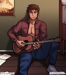  1boy absurdres against_wall bara beard_stubble brown_hair chest_hair feet_out_of_frame highres holding_guitar instrument looking_at_viewer male_focus mature_male music mustache_stubble open_clothes open_shirt paid_reward_available pectoral_cleavage pectorals playing_instrument scott_pilgrim_(series) short_hair sitting solo soupyeel stephen_stills thick_eyebrows 