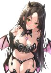  1girl absurdres alternate_costume b1ack_illust bikini black_bikini black_gloves black_hair blush breasts cleavage collarbone commission demon_horns demon_wings detached_collar elbow_gloves fake_horns gloves green_eyes head_tilt highres horns idolmaster idolmaster_cinderella_girls idolmaster_starlit_season large_breasts long_hair looking_at_viewer mukai_takumi navel nose_blush parted_bangs pixiv_commission simple_background solo straight_hair swimsuit very_long_hair white_background wings 