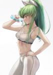  1girl absurdres bare_arms blush bottle bow breasts budgiepon c.c. cleavage closed_mouth code_geass collarbone commentary cowboy_shot curvy english_commentary eyes_visible_through_hair from_side green_hair hair_between_eyes hair_bow hair_over_shoulder hand_on_own_hip hand_up highres holding holding_bottle hot lips long_hair looking_at_object lying medium_breasts navel nose on_stomach pants ponytail profile scar scar_on_stomach sidelocks simple_background solo spiked_hair sports_bra standing very_long_hair water water_drop water_stream wet wet_clothes white_background white_bow white_pants yellow_eyes 