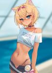  1girl absurdres animal_ear_fluff animal_ears bikini bikini_under_clothes black_choker blonde_hair blue_eyes blue_shorts blush breasts choker cropped_shirt dog_ears dog_girl dog_tail hair_ornament highres hololive hololive_english hololive_summer_2023_swimsuit looking_at_viewer medium_hair midriff mococo_abyssgard multicolored_hair navel open_fly panty_straps pink_bikini pink_hair pool rifufu shirt short_shorts shorts small_breasts solo streaked_hair striped striped_bikini swimsuit tail virtual_youtuber water white_shirt x_hair_ornament 