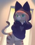  &lt;3 absurd_res anthro bottomless capcom clothed clothing digital_media_(artwork) domestic_cat doorway eyelashes featureless_crotch felid feline felis felyne female fur hair hand_in_pocket hi_res hoodie inkune inside looking_at_viewer lynian mammal monster_hunter monster_hunter_stories monster_hunter_stories_2:_wings_of_ruin pockets shaded shadow shirt solo standing tail topwear tsukino_(monster_hunter_stories) 