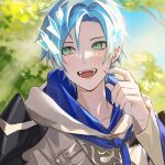  1boy blue_hair blue_sky blush green_eyes hand_up happy highres holostars holostars_english hood hoodie isal_(lasi) looking_to_the_side male_focus open_mouth portrait regis_altare short_hair sky smile solo virtual_youtuber white_hoodie 