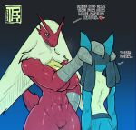  &lt;3 abs anthro avian blaziken blue_body blue_fur breasts dialogue dominant dominant_female duo female fur generation_3_pokemon generation_4_pokemon hair hand_on_head hi_res long_hair lucario male male/female muscular muscular_anthro muscular_female nintendo nipples nude pokemon pokemon_(species) red_body teaspoon white_hair 