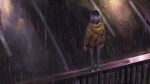  1girl brown_hoodie commentary_request elvafirst english_commentary from_above from_behind highres hood hoodie imminent_suicide kurokawa_akane night on_railing oshi_no_ko outdoors pants purple_hair railing rain road solo spoilers standing wide_shot 