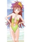  1girl bare_legs bracelet breasts brown_eyes brown_hair casual_one-piece_swimsuit cleavage closed_mouth collarbone floral_print flower green_one-piece_swimsuit hair_flower hair_ornament hair_ribbon highres jewelry long_hair looking_down mahou_shoujo_madoka_magica marutaya one-piece_swimsuit print_swimsuit purple_ribbon ribbon sakura_kyouko small_breasts smile solo standing swimsuit thigh_gap very_long_hair yellow_flower 