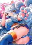  1girl absurdres animal_ear_fluff animal_ears animal_hands ass blue_eyes blue_panties blue_skirt breasts cat_ears cat_tail check_clothing english_commentary genshin_impact gloves halloween heart heart_tail highres japanese_clothes kamisato_ayaka kimono kishita_yuu large_breasts looking_at_viewer lying multiple_tails on_side panties paw_gloves pink_pillow reaching reaching_towards_viewer single_glove skirt solo tail tongue tongue_out underwear white_gloves white_hair white_kimono wide_sleeves 