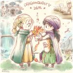  1boy 1girl aged_down animal bianca_(dq5) black_hair blonde_hair blue_eyes book boots borongo bracelet braid building castle cave cloak closed_mouth dated dqsuzume dragon_quest dragon_quest_v dress earrings female_child full_body grass green_cloak green_eyes green_tunic hair_pulled_back hero_(dq5) holding holding_animal house jewelry long_hair looking_at_another low_ponytail male_child monster open_book orange_dress outdoors purple_cloak purple_headwear ribbon smile standing table tiger turban twin_braids twintails twitter_username water yellow_ribbon 