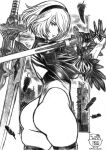  1girl 2b_(nier:automata) artist_name ass breasts closed_mouth commentary_request feather_trim feathers gloves greyscale hair_ornament hairband highleg highleg_leotard holding holding_sword holding_weapon katana leotard lips long_sleeves looking_at_viewer medium_breasts monochrome nier:automata nier_(series) puffy_sleeves short_hair signature simple_background skidrow sword thighhighs thighs weapon 