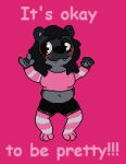  american_sign_language anthro bear black_bear black_hair black_nose blush blush_lines body_positivity bottomwear breasts clothing crop_top eyelashes fangs female fluffy fluffy_hair footwear glistening glistening_eyes hair harleythefunny_(artist) hotpants i_love_you legwear long_hair mammal microsoft_paint narrowed_eyes pattern_clothing pattern_footwear pattern_legwear pattern_socks pink_clothing pink_footwear pink_socks positive_message programming_socks shirt shorts sign_language simple_background slightly_chubby smile snaggle_teeth snaggle_tooth socks solo solo_focus solo_in_panel striped_clothing striped_footwear striped_socks stripes teeth text topwear ursine 