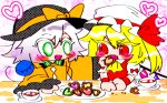  2girls ascot black_headwear blonde_hair blush_stickers bow buttons collared_shirt colored_eyelashes commentary_request cookie diamond_button fang feeding flandre_scarlet food green_eyes hair_between_eyes hat hat_ribbon heart heart-shaped_cookie komeiji_koishi long_sleeves medium_hair mob_cap multiple_girls no_nose open_mouth puffy_short_sleeves puffy_sleeves purio_(zuga-n) red_bow red_eyes red_ribbon red_vest red_wrist_cuffs ribbon shirt short_hair short_sleeves side_ponytail sleeve_bow third_eye touhou vest white_hair white_headwear white_shirt wide_sleeves wrist_cuffs yellow_ascot yellow_ribbon yellow_shirt 