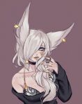  1girl alternate_costume animal_ears artist_name bare_shoulders black_bra black_choker black_sweater bra breasts broken_covenant_xayah brown_background choker cleavage closed_mouth collarbone earrings grey_eyes grey_hair hair_over_one_eye hand_up highres jewelry large_breasts league_of_legends long_hair long_sleeves lunnaryn nail_polish ring simple_background solo sweater two-tone_bra underwear watermark white_bra xayah yellow_nails 