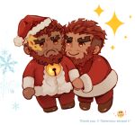  2boys bara blank_eyes chibi christmas dark-skinned_male dark_skin emoji english_text eyebrow_cut facial_hair frown full_body hat hephaestus_(housamo) holding_hands hug male_focus mature_male multiple_boys muscular muscular_male mustache red_eyes red_hair santa_costume santa_hat short_hair smile snowflakes sparkle_background standing talos_(housamo) thick_eyebrows tokyo_afterschool_summoners tora_d 