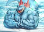 2023 2_fingers absurd_res anthro back_spines bieps blue_body blue_scales claws crocodilian crossed_arms day deltoids feraligatr finger_claws fingers flexor_carpi generation_2_pokemon gesture head_spines hi_res light light_beam looking_at_viewer male muscular muscular_anthro muscular_male nintendo open_mouth partially_submerged pokemon pokemon_(species) reptile scales scalie solo sunbeam sunlight swimming tongue tongue_out v_sign vein veiny_muscles wet wet_body wet_scales yukihoshiak 