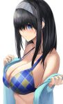  1girl absurdres arisugawa_ya bare_shoulders bikini bikini_top_only black_hair blue_eyes breasts cleavage commentary_request hair_between_eyes hairband highres idolmaster idolmaster_cinderella_girls large_breasts long_hair looking_at_viewer sagisawa_fumika shirt_partially_removed solo swimsuit upper_body white_background 