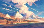  1boy blue_sky camel cloud day desert fangpeii highres original outdoors pyramid_(structure) riding riding_animal scenery signature sky solo 