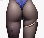  1girl absurdres ass black_pantyhose blue_leotard cameltoe close-up from_behind genshin_impact highres leotard lower_body mona_(genshin_impact) pantyhose simple_background skindentation solo thighlet thighs torn_clothes torn_pantyhose white_background z282g 