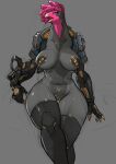  2023 absurd_res agitype01 anthro areola avian beak biped bird black_areola black_clothing black_legwear black_nipples black_stockings breasts clothing cropped_jacket cybernetic_arm cybernetic_limb cyberpunk_2077 digital_media_(artwork) female grey_background grey_body hi_res legwear nipple_tape nipples pasties pink_body pussy_tape simple_background solo stockings tape 