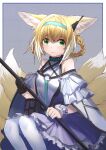  1girl absurdres animal_ear_fluff animal_ears arknights bare_shoulders black_collar black_gloves blonde_hair blue_hairband braid braided_hair_rings chinese_commentary closed_mouth clothing_cutout collar commentary_request dress earpiece fox_ears fox_girl fox_tail frilled_sleeves frills gloves green_eyes hair_between_eyes hair_rings hairband highres holding holding_staff infection_monitor_(arknights) kitsune kyuubi looking_at_viewer multicolored_hair multiple_tails pantyhose purple_dress sao7 short_hair short_sleeves shoulder_cutout single_glove single_wrist_cuff sitting smile solo staff suzuran_(arknights) tail two-tone_hair white_hair white_pantyhose wrist_cuffs 