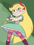  1girl aqua_dress blonde_hair blue_eyes dress facial_mark fake_horns hairband haruyama_kazunori heart heart_cheeks holding holding_wand horned_headwear horns long_hair looking_at_viewer pantyhose red_hairband smile solo star_(symbol) star_butterfly star_vs_the_forces_of_evil star_wand striped striped_pantyhose toon_(style) very_long_hair wand 