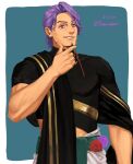  1boy artist_name black_shirt cropped_shirt duryodhana_(fate) earrings facial_hair fate/grand_order fate_(series) flower fusso_oekaki goatee goatee_stubble green_background highres indian_clothes jewelry male_focus mature_male midriff muscular muscular_male necklace purple_eyes purple_flower purple_hair red_flower sash shirt short_hair shoulder_sash simple_background single_earring smile solo upper_body 