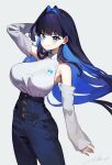  1girl blue_eyes blue_hair breasts denim detached_sleeves hair_intakes highres hololive hololive_english jeans large_breasts long_hair looking_at_viewer multicolored_hair ouro_kronii overlord_(overlord80000) pants shirt simple_background smile solo virtual_youtuber white_background 