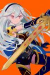  1girl black_headband corrin_(fire_emblem) fire_emblem fire_emblem_fates headband highres holding holding_sword holding_weapon light_smile long_hair orange_background red_eyes ruuu_ran_ran simple_background smile solo sword weapon white_hair 