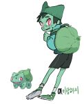  1boy backpack bag black_hair black_shorts blue_jacket bright_pupils bulbasaur colored_skin creature_and_personification fang freckles full_body green_bag green_footwear green_headwear green_skin hat jacket korean_text male_focus personification pokemon red_eyes short_hair shorts simple_background socks solo standing tamtamdi translation_request white_background white_pupils white_socks 