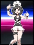  1girl :d absurdres arrow_(symbol) beanie black_hair black_nails black_shirt dialogue_box double_w eyelashes grey_eyes hands_up hat highres jewelry knees nail_polish necklace open_mouth poke_ball_symbol pokemon pokemon_(game) pokemon_sm selene_(pokemon) shabana_may shirt short_shorts shorts sleeveless sleeveless_shirt smile solo team_skull_uniform teeth thigh_strap tongue trainer_wants_to_battle upper_teeth_only w white_headwear white_shorts wristband 