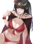  1girl bikini black_cape black_hair breasts cape cleavage fire_emblem fire_emblem_awakening fire_emblem_heroes flower hair_ornament hibiscus highres long_hair looking_at_viewer navel o-ring o-ring_bikini official_alternate_costume red_bikini smile solo swimsuit tharja_(fire_emblem) tharja_(summer)_(fire_emblem) tiara tori_art07 two-tone_cape white_background 