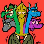  2_horns 5_heads ambiguous_gender angry anthro clothed clothing conjoined dragon dress_shirt eyewear facial_hair fangs glasses group hi_res hiram_mcdaniels horn hydra lidded_eyes looking_at_viewer multi_head necktie nervous ogrish shirt suit_jacket teeth topwear welcome_to_night_vale 