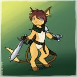  1:1 anthro armor biped blue_eyes clothing fan_character generation_1_pokemon green_background hi_res holding_object holding_sword holding_weapon melee_weapon nintendo pokemon pokemon_(species) raichu sealer4258 simple_background solo sword weapon yellow_body 