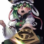  1girl asymmetrical_hair black_background commentary_request frilled_hat frills green_eyes green_hair green_vest hat holding juliet_sleeves long_hair long_sleeves looking_at_viewer nio_(meple_nio) open_mouth puffy_sleeves rod_of_remorse shiki_eiki solo touhou two-tone_background upper_body vest white_background 