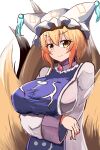 1girl animal_ears arms_under_breasts blonde_hair blue_tabard blush breasts closed_mouth commentary_request dress fox_ears fox_tail frills huge_breasts leon_no_neko light_smile multiple_tails short_hair simple_background solo tabard tail touhou upper_body white_background white_dress yakumo_ran yellow_eyes 